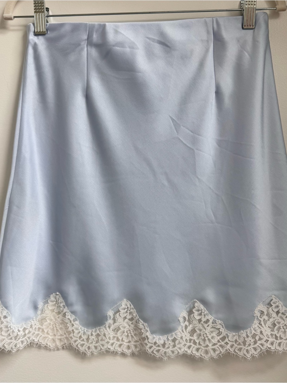 Aritzia Pale Blue Silk Mini Skirt with White Lace Trim - Picture 4 of 4